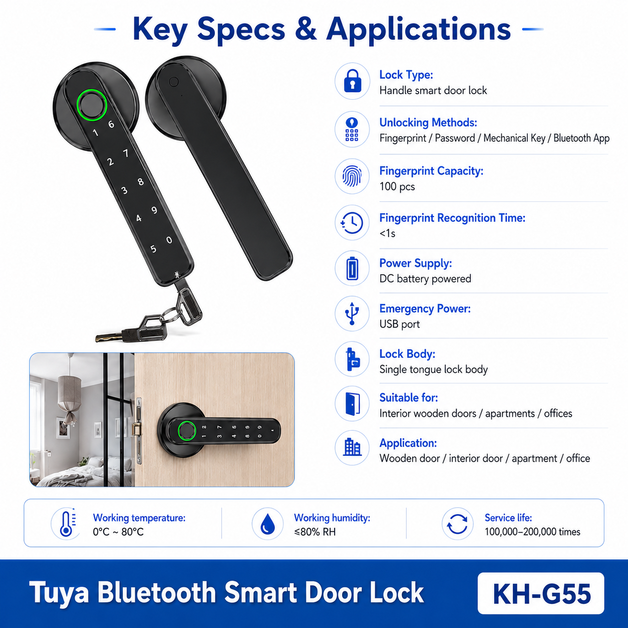 KH-G55 Tuya Bluetooth Smart Door Lock KH-G55 Tuya Bluetooth smart door lock for indoor wooden doors