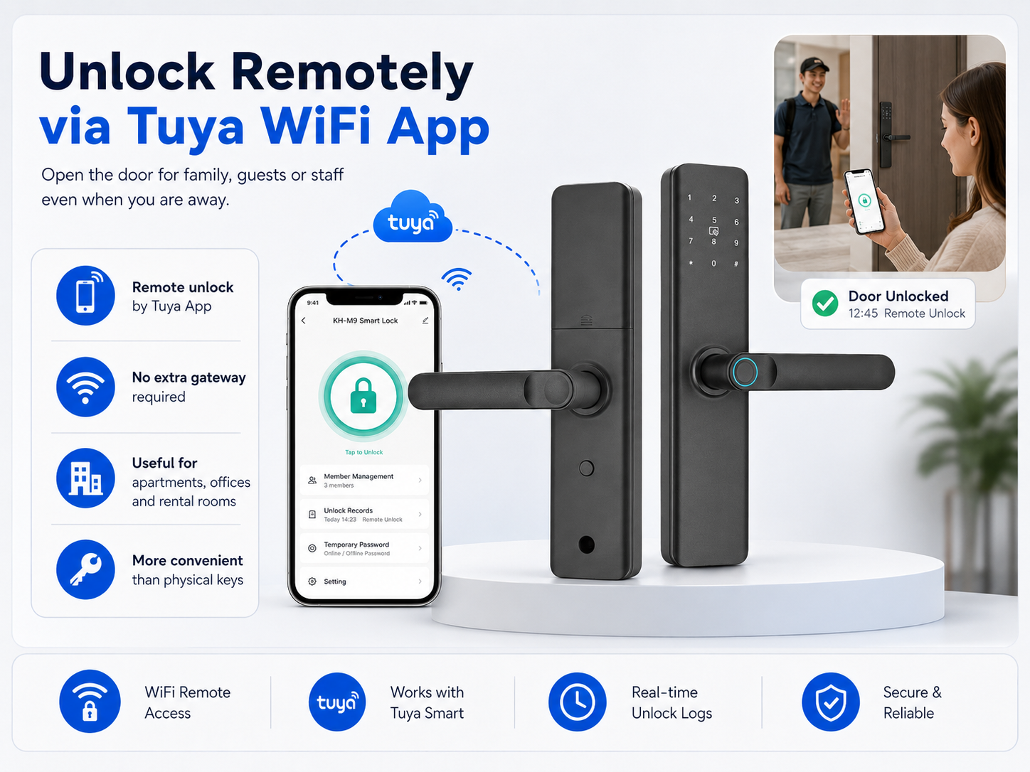 Unlock Remotely via Tuya WiFi App KH-M9 Tuya WiFi App remote unlock smart wooden door lock
